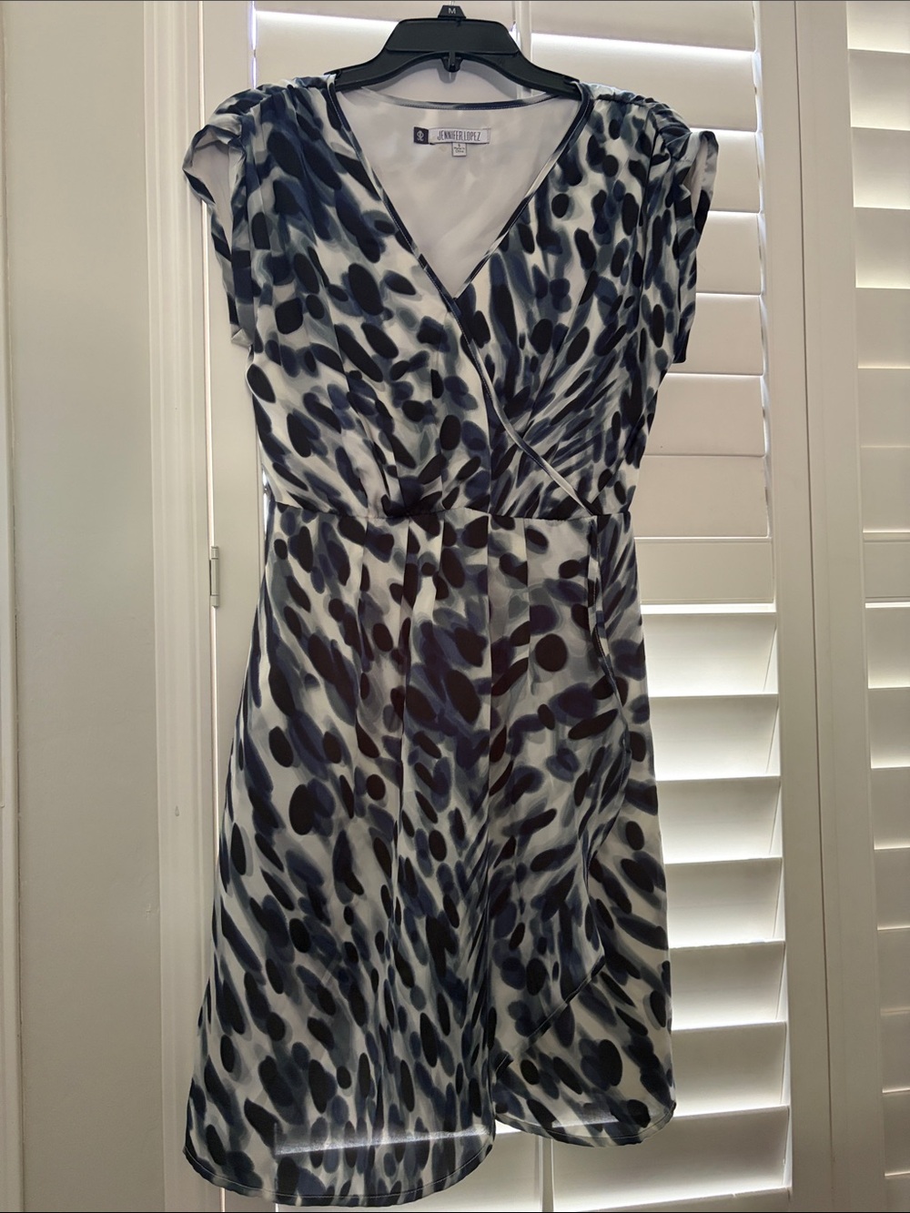 Jennifer Lopez White, Navy & Charcoal Abstract Wrap Midi Dress